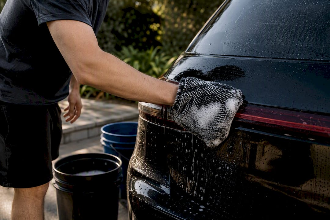 Close-up of hand washing car with mitt
