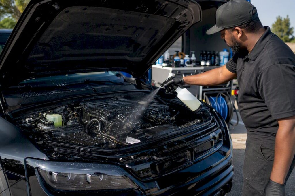 Detailer spraying degreaser on engine bay