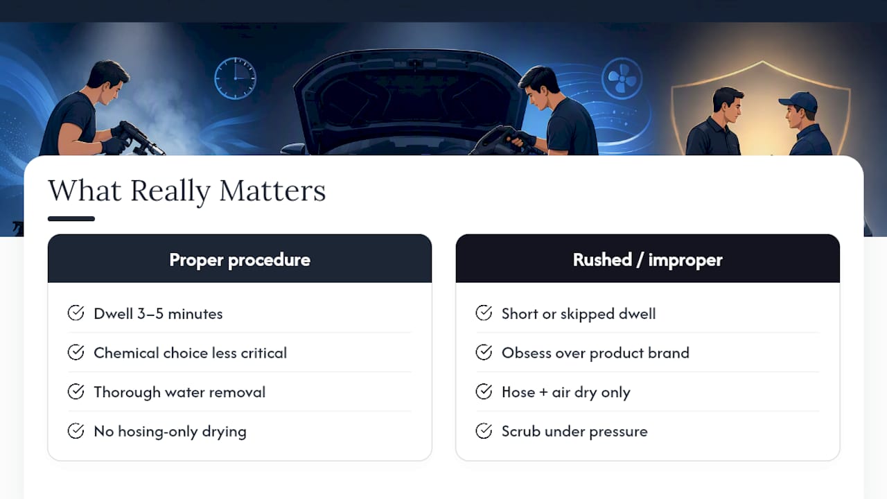 Diagram showing impact of dwell time and drying in engine bay detailing