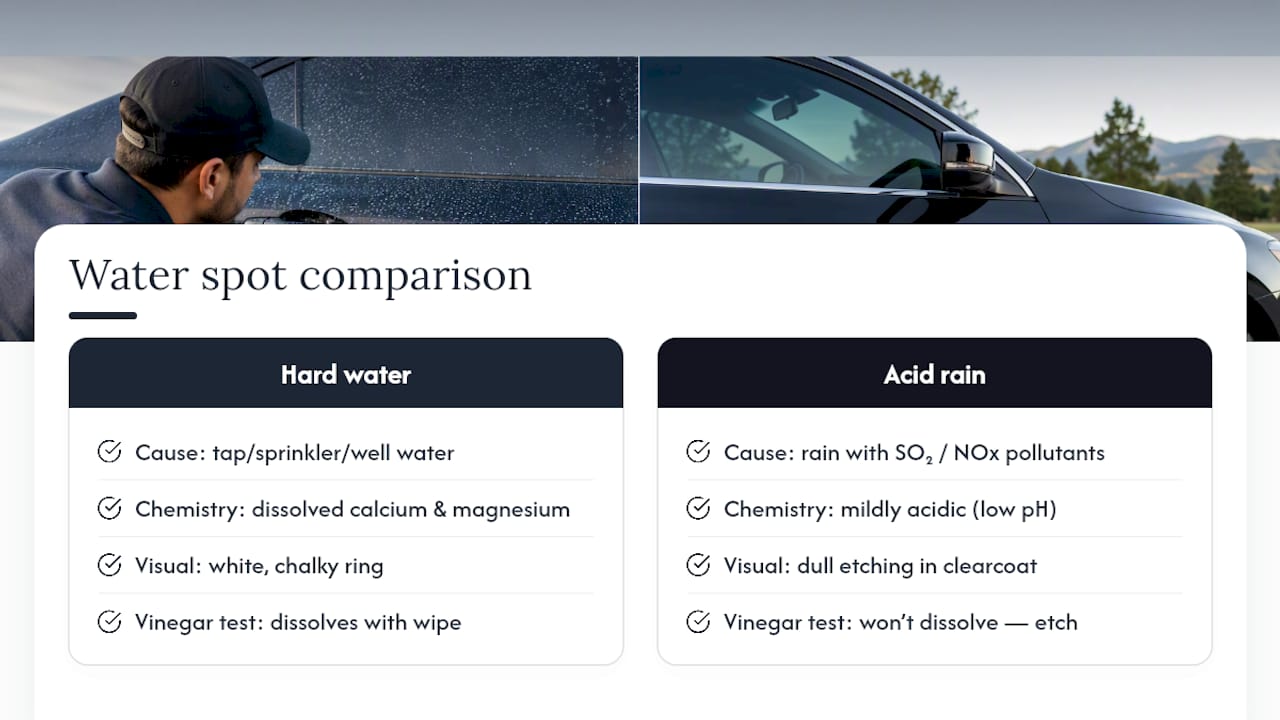 Diagram comparing hard water and acid rain spots