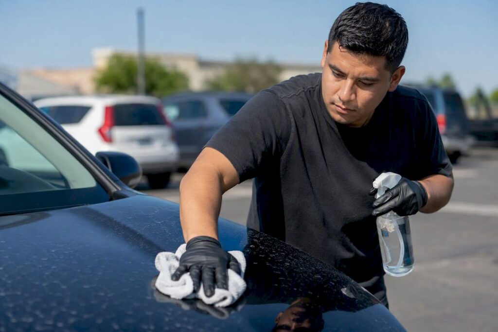Hand wiping car hood with vinegar