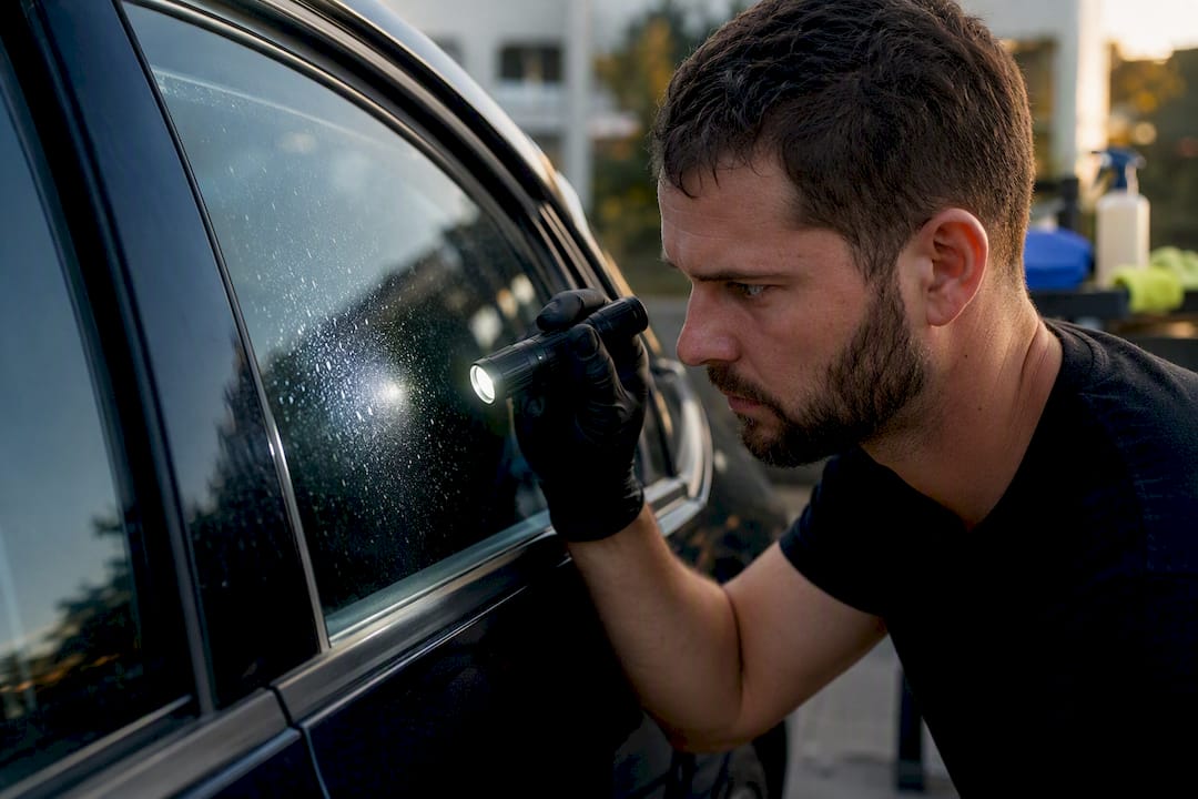 Detailer inspecting water spots on car glass