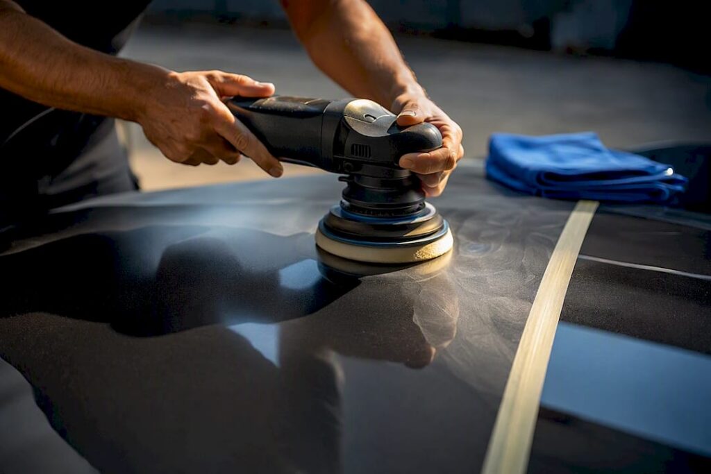 Detailer polishing a vehicle paint panel