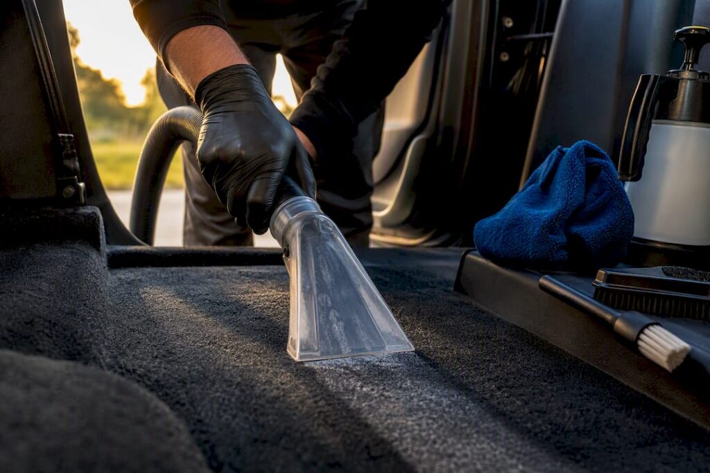 Detailer extracting moisture from vehicle carpet