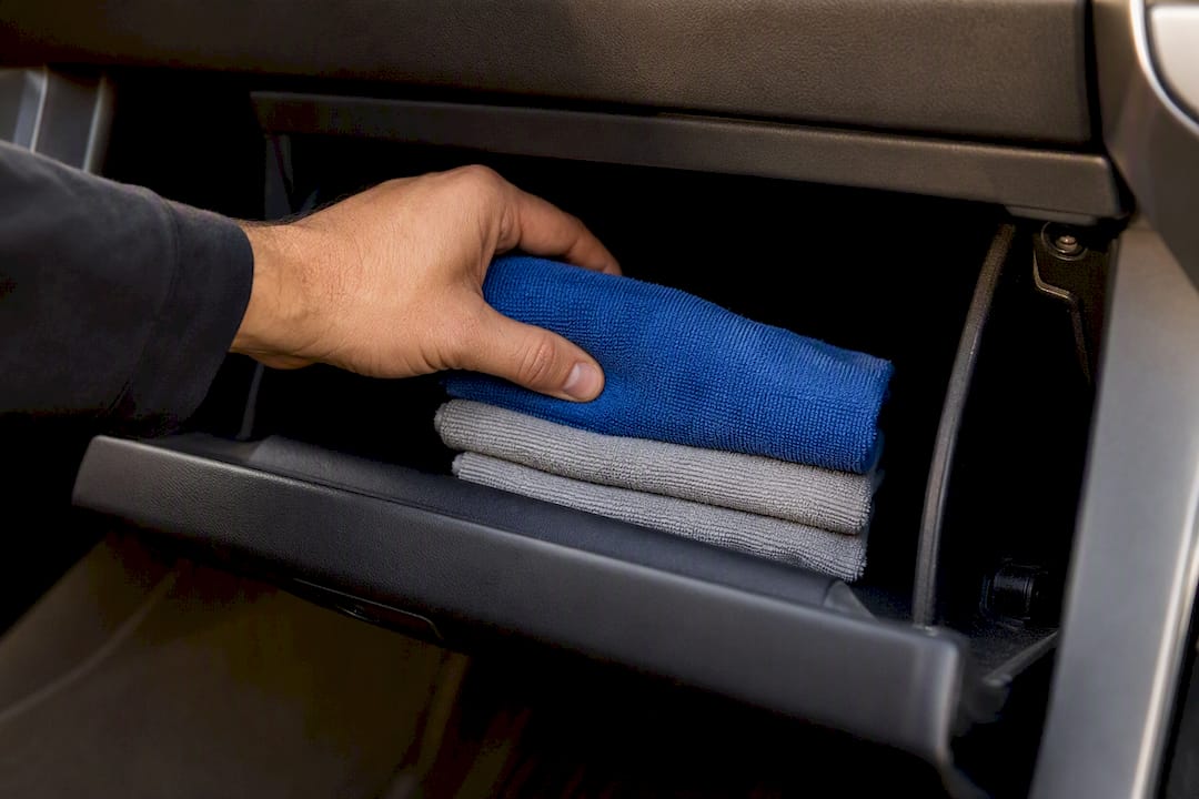 Microfiber towels stored in glove box