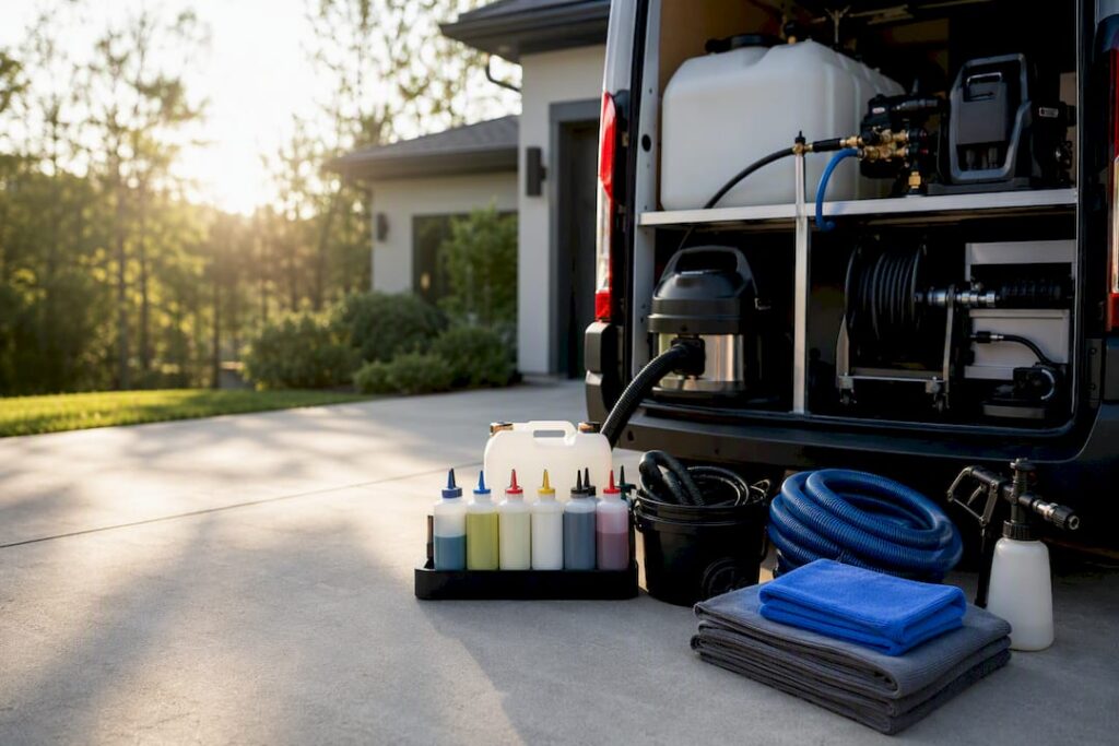 Mobile detailing equipment beside service vehicle