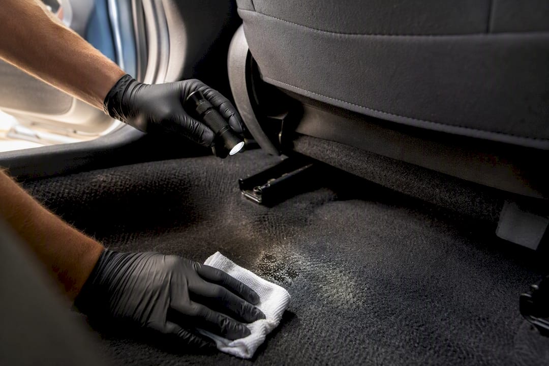 Flashlight checking mold beneath car seat