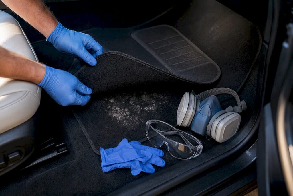 PPE beside moldy car carpet