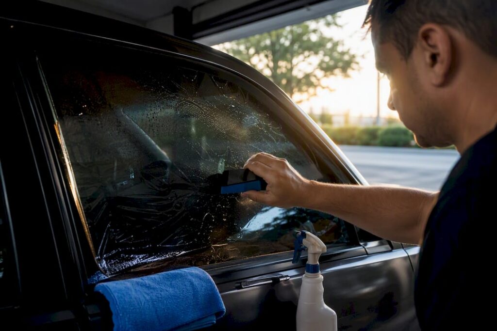 Installer applying tint film to window