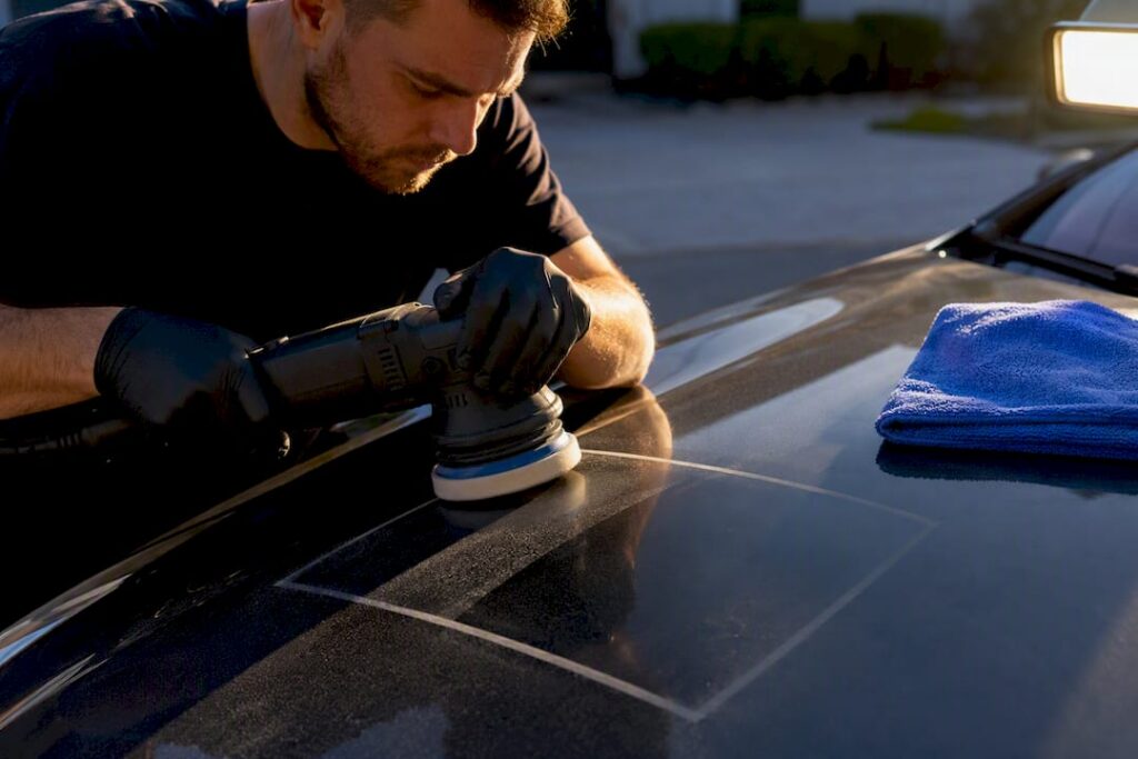 Detailer polishing a vehicle paint test spot