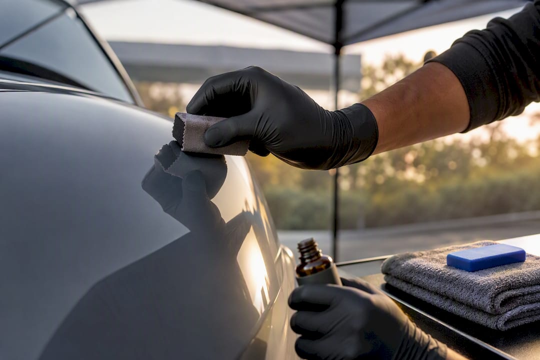 Technician applying ceramic coating to vehicle paint