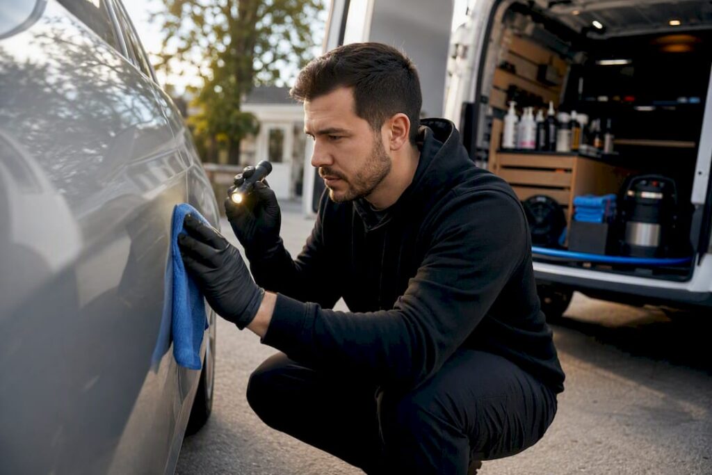 Technician inspecting vehicle paint during mobile detailing