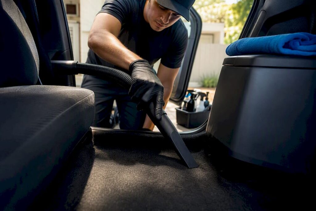 Technician vacuuming a vehicle interior