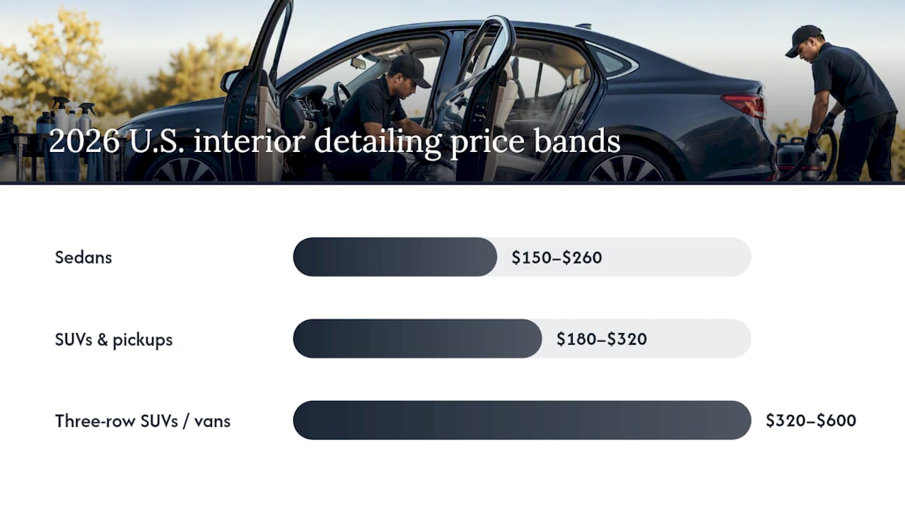 Interior detailing price ranges by vehicle size