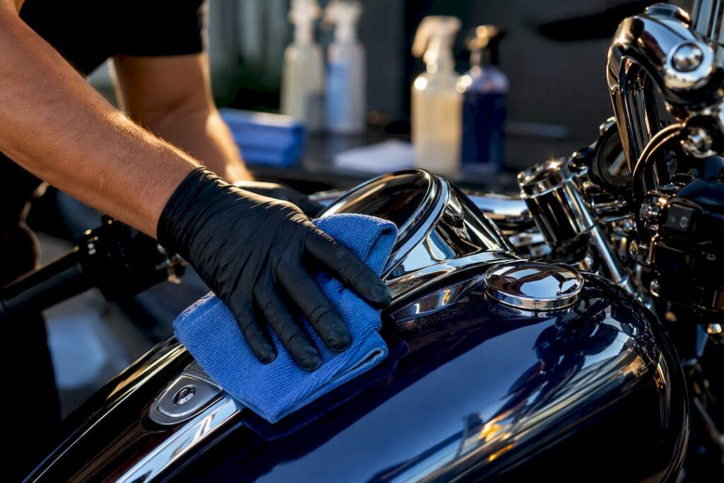 Detailer polishing a motorcycle chrome surface