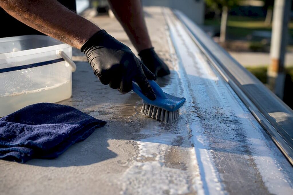 Detailer cleaning weathered RV roof membrane