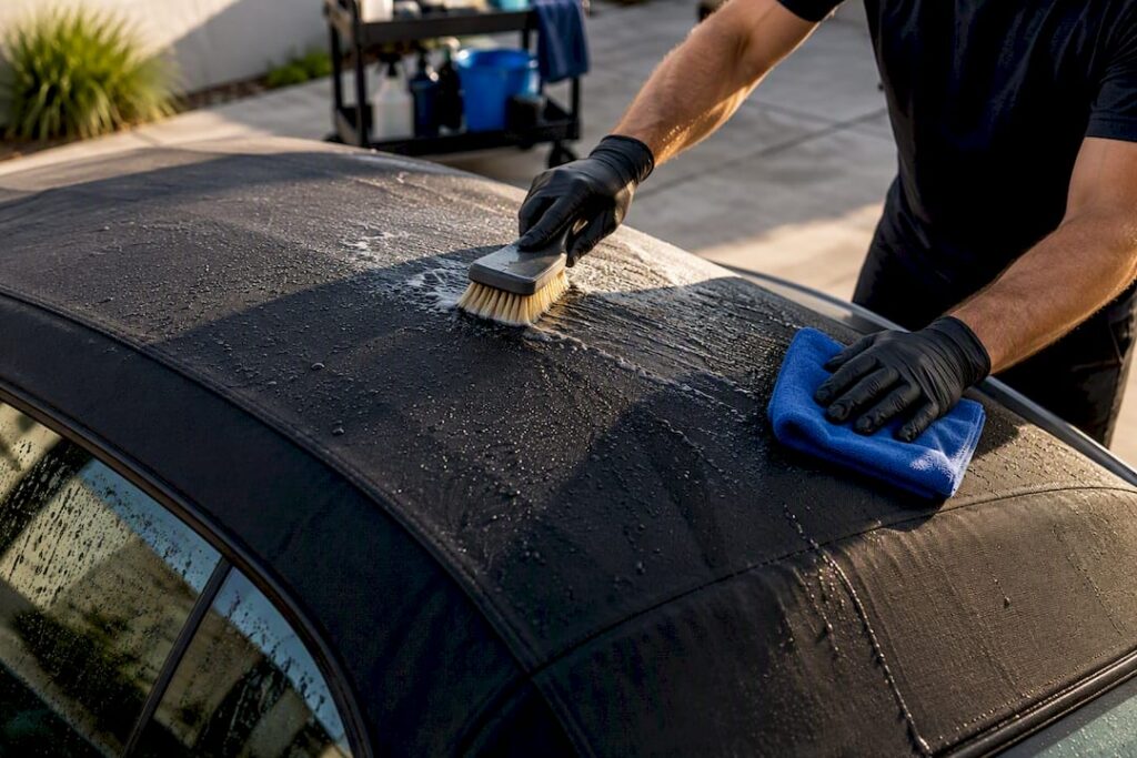 Detailer cleaning convertible fabric roof
