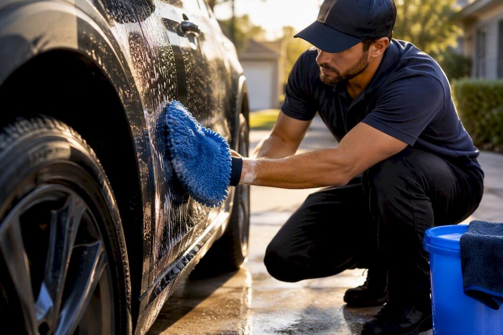 Technician hand-washing an anonymous vehicle panel