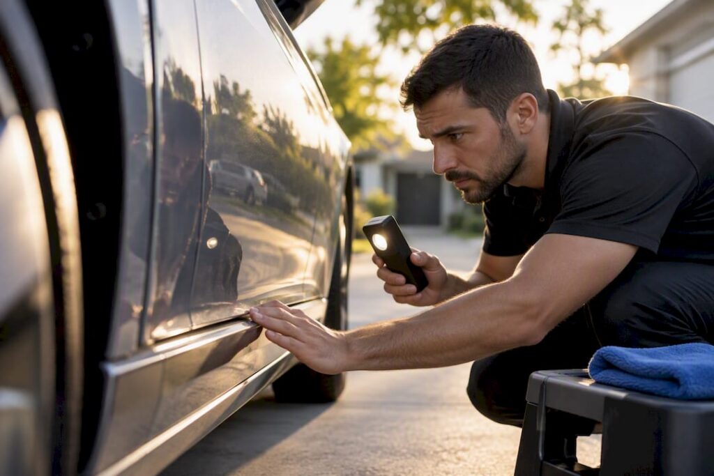 Detailer inspecting a vehicle’s exterior paint
