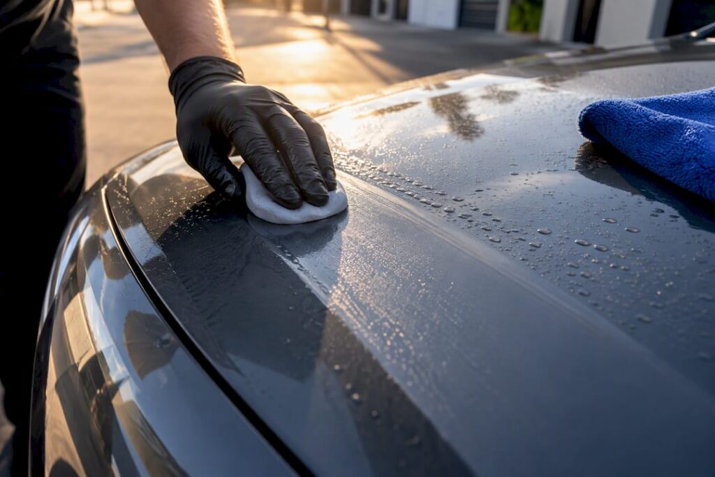 Clay bar gliding across vehicle paint
