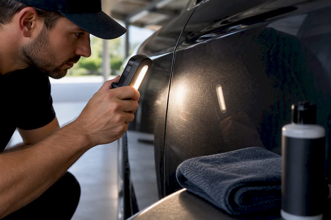 Detailer inspecting fine paint marring