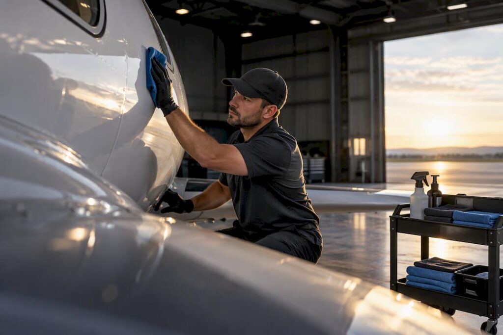 Detailer cleaning aircraft fuselage in hangar
