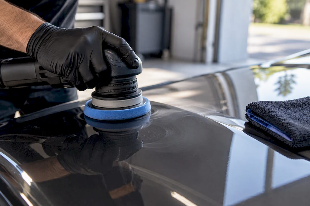 Detailer polishing cropped vehicle panel