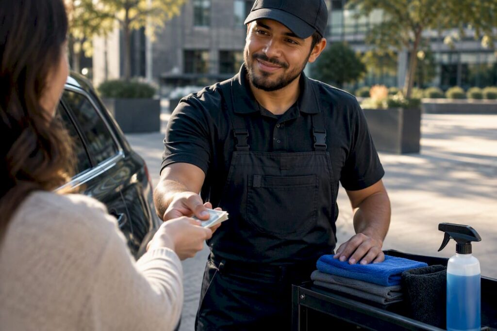 Customer handing cash tip to detailer