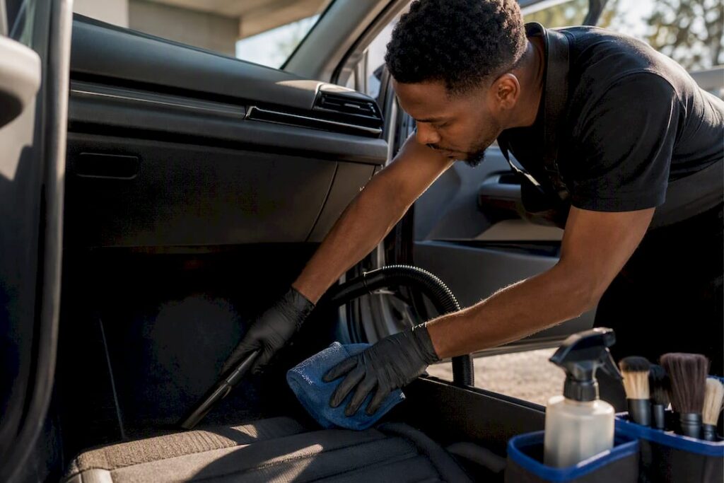 Detailer performing quick rideshare interior clean