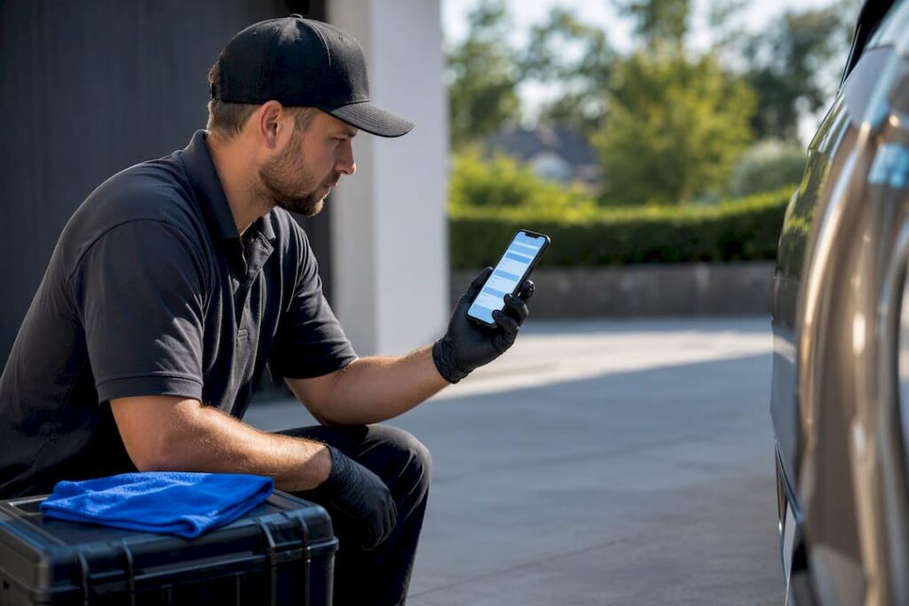 Detailer reviewing mobile service leads