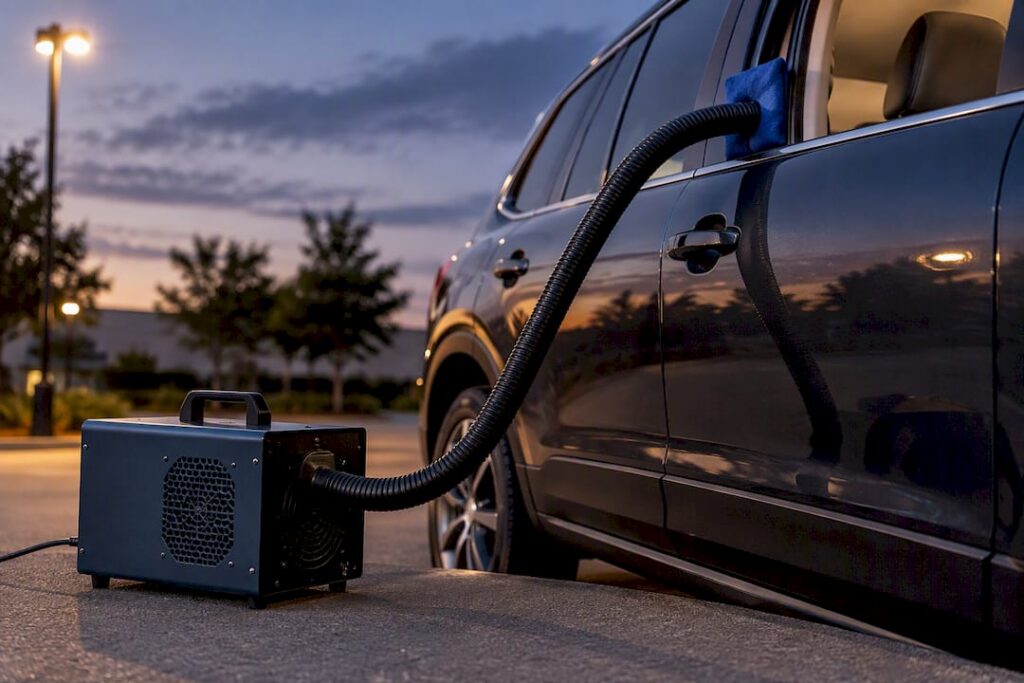 Ozone generator positioned beside vehicle cabin
