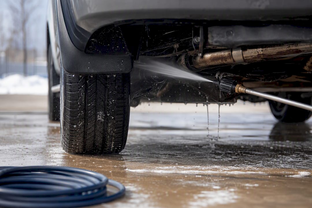 Detailer rinsing salt from vehicle underbody