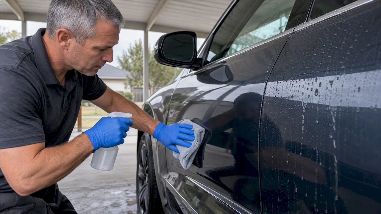 Detailer verifying coating removal with IPA