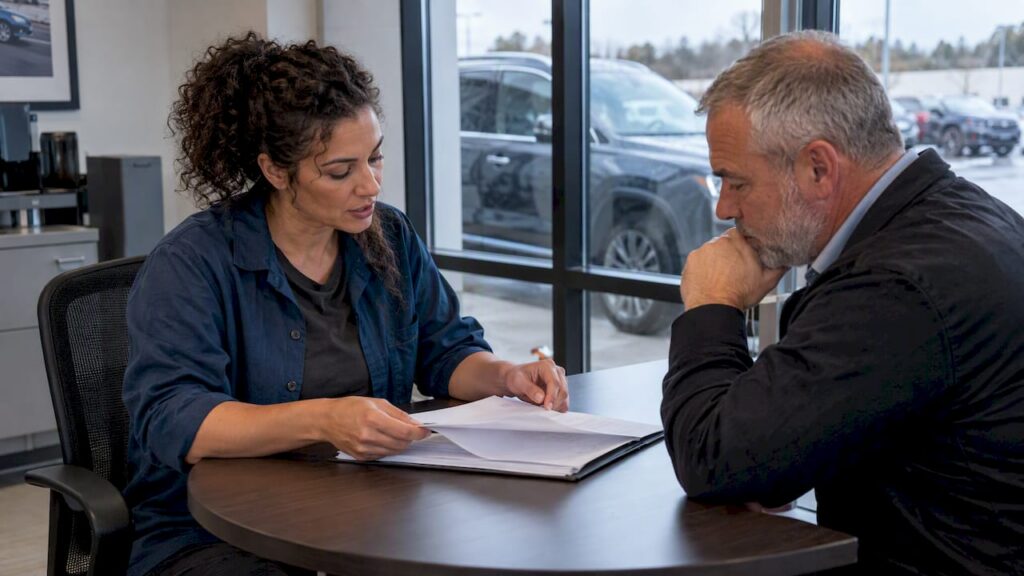 Detailer reviewing dealership service contract